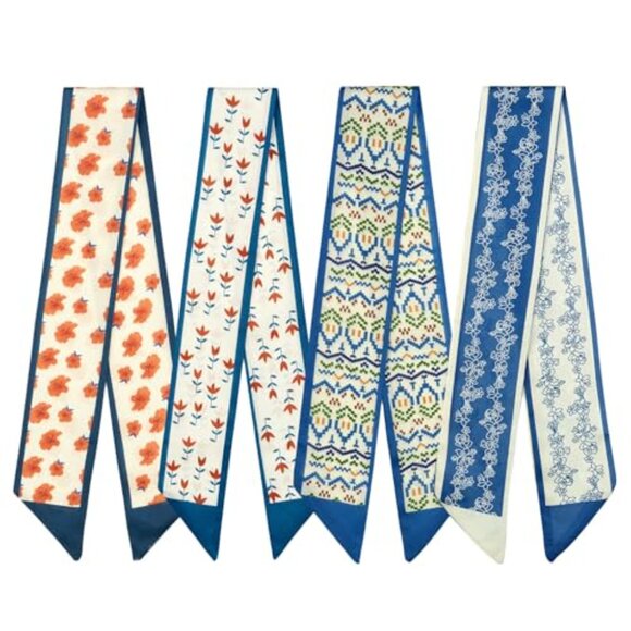 Skinny Twill Hair Scarves Set of 4 Elegant Minimal Chic Accessories - Picture 2 of 7